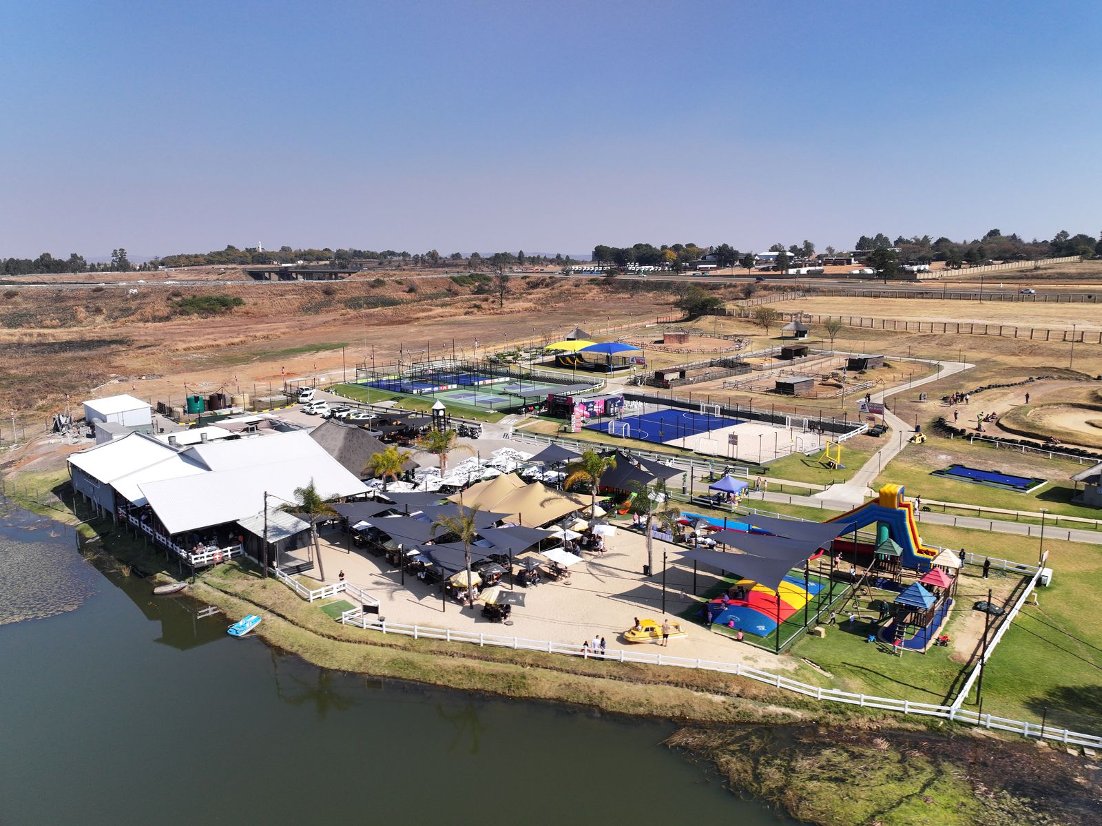 Colourful kids' play area on the water's edge