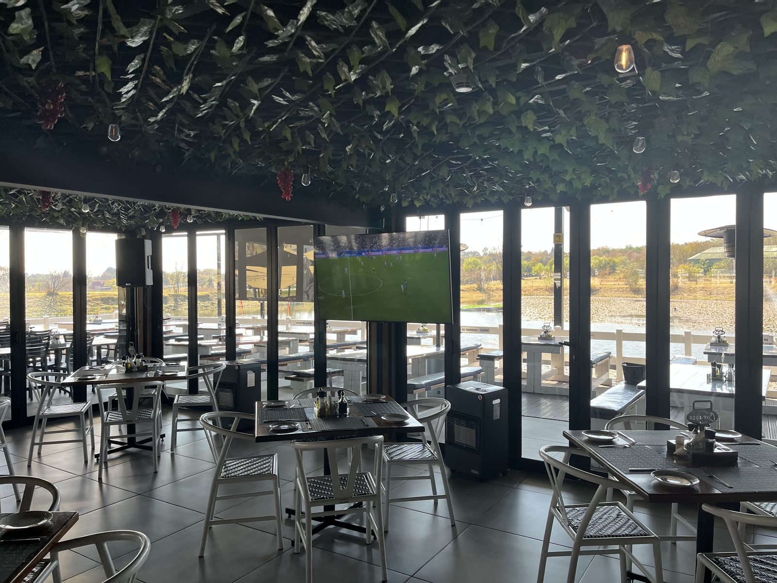 The deck by the dam, set for lunch